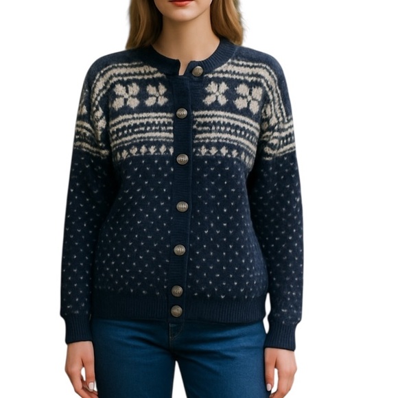 Vintage Eddie Bauer Wool Nordic Snowflake Fair Isle Sweater Navy Women’s Size XL - Picture 1 of 10